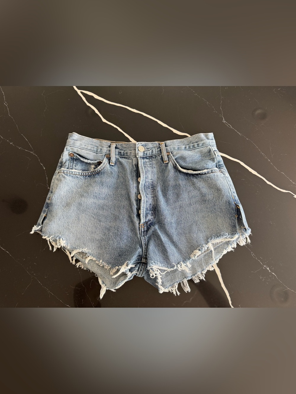 Agolde Light Blue Distressed High-Rise Denim Shorts